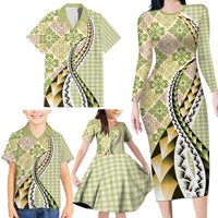 Aloha Vintage Palaka Floral Hawaiian Quilt Family Matching Long Sleeve Bodycon Dress and Hawaiian Shirt Omaomao Motif - Polynesian Pride