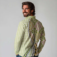 Aloha Vintage Palaka Floral Hawaiian Quilt Long Sleeve Polo Shirt Omaomao Motif - Polynesian Pride