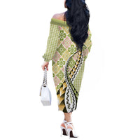 Aloha Vintage Palaka Floral Hawaiian Quilt Off The Shoulder Long Sleeve Dress Omaomao Motif - Polynesian Pride