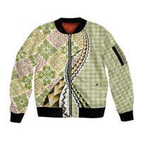Aloha Vintage Palaka Floral Hawaiian Quilt Sleeve Zip Bomber Jacket Omaomao Motif - Polynesian Pride