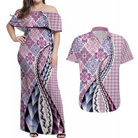 Aloha Vintage Palaka Floral Hawaiian Quilt Couples Matching Off Shoulder Maxi Dress and Hawaiian Shirt Akala Motif - Polynesian Pride