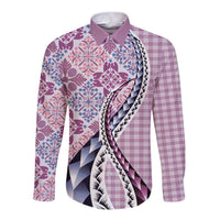 Aloha Vintage Palaka Floral Hawaiian Quilt Long Sleeve Button Shirt Akala Motif - Polynesian Pride