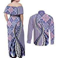 Aloha Vintage Palaka Floral Hawaiian Quilt Couples Matching Off Shoulder Maxi Dress and Long Sleeve Button Shirt Poni Motif - Polynesian Pride