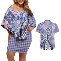 Aloha Vintage Palaka Floral Hawaiian Quilt Couples Matching Off Shoulder Short Dress and Hawaiian Shirt Poni Motif - Polynesian Pride