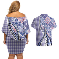Aloha Vintage Palaka Floral Hawaiian Quilt Couples Matching Off Shoulder Short Dress and Hawaiian Shirt Poni Motif - Polynesian Pride