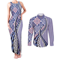 Aloha Vintage Palaka Floral Hawaiian Quilt Couples Matching Tank Maxi Dress and Long Sleeve Button Shirt Poni Motif - Polynesian Pride