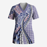 Aloha Vintage Palaka Floral Hawaiian Quilt Scrub Top Poni Motif LT9 Adult Purple - Polynesian Pride