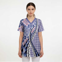 Aloha Vintage Palaka Floral Hawaiian Quilt Scrub Top Poni Motif LT9 - Polynesian Pride