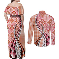 Aloha Vintage Palaka Floral Hawaiian Quilt Couples Matching Off Shoulder Maxi Dress and Long Sleeve Button Shirt Ulaula Motif - Polynesian Pride