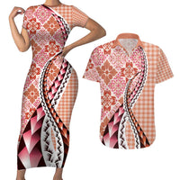 Aloha Vintage Palaka Floral Hawaiian Quilt Couples Matching Short Sleeve Bodycon Dress and Hawaiian Shirt Ulaula Motif - Polynesian Pride