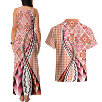 Aloha Vintage Palaka Floral Hawaiian Quilt Couples Matching Tank Maxi Dress and Hawaiian Shirt Ulaula Motif - Polynesian Pride