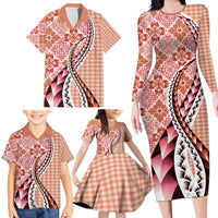 Aloha Vintage Palaka Floral Hawaiian Quilt Family Matching Long Sleeve Bodycon Dress and Hawaiian Shirt Ulaula Motif - Polynesian Pride