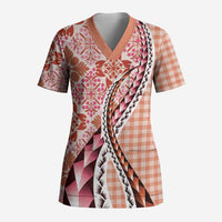 Aloha Vintage Palaka Floral Hawaiian Quilt Scrub Top Ulaula Motif LT9 Adult Red - Polynesian Pride