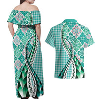 Aloha Vintage Palaka Floral Hawaiian Quilt Couples Matching Off Shoulder Maxi Dress and Hawaiian Shirt Polu Motif - Polynesian Pride