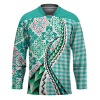 Aloha Vintage Palaka Floral Hawaiian Quilt Hockey Jersey Polu Motif LT9 Unisex Turquoise - Polynesian Pride