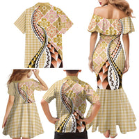 Aloha Vintage Palaka Floral Hawaiian Quilt Family Matching Mermaid Dress and Hawaiian Shirt Melemele Motif - Polynesian Pride