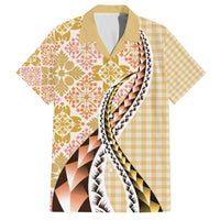 Aloha Vintage Palaka Floral Hawaiian Quilt Family Matching Off The Shoulder Long Sleeve Dress and Hawaiian Shirt Melemele Motif - Polynesian Pride