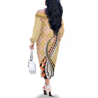 Aloha Vintage Palaka Floral Hawaiian Quilt Family Matching Off The Shoulder Long Sleeve Dress and Hawaiian Shirt Melemele Motif - Polynesian Pride