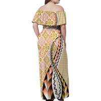 Aloha Vintage Palaka Floral Hawaiian Quilt Family Matching Off Shoulder Maxi Dress and Hawaiian Shirt Melemele Motif - Polynesian Pride