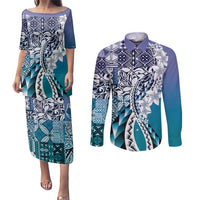 Aloha Vintage Plumeria Hawaiian Tapa Pattern Couples Matching Puletasi and Long Sleeve Button Shirt Blue Hawaiian Tapa Pattern - Polynesian Pride