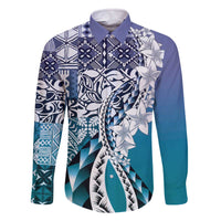 Aloha Vintage Plumeria Hawaiian Tapa Pattern Family Matching Off The Shoulder Long Sleeve Dress and Hawaiian Shirt Blue Hawaiian Tapa Pattern - Polynesian Pride