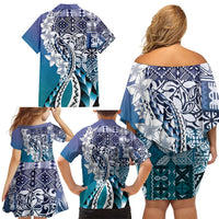 Aloha Vintage Plumeria Hawaiian Tapa Pattern Family Matching Off Shoulder Short Dress and Hawaiian Shirt Blue Hawaiian Tapa Pattern - Polynesian Pride
