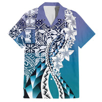 Aloha Vintage Plumeria Hawaiian Tapa Pattern Family Matching Off Shoulder Short Dress and Hawaiian Shirt Blue Hawaiian Tapa Pattern - Polynesian Pride