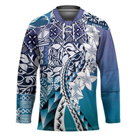 Aloha Vintage Plumeria Hawaiian Tapa Pattern Hockey Jersey Blue Hawaiian Tapa Pattern LT9 Unisex Blue - Polynesian Pride