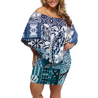 Aloha Vintage Plumeria Hawaiian Tapa Pattern Off Shoulder Short Dress Blue Hawaiian Tapa Pattern - Polynesian Pride