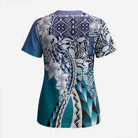 Aloha Vintage Plumeria Hawaiian Tapa Pattern Scrub Top Blue Hawaiian Tapa Pattern - Polynesian Pride