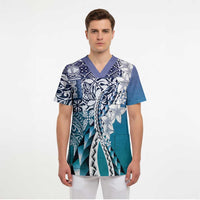 Aloha Vintage Plumeria Hawaiian Tapa Pattern Scrub Top Blue Hawaiian Tapa Pattern - Polynesian Pride