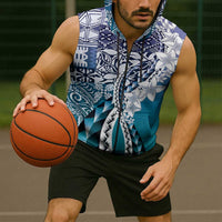 Aloha Vintage Plumeria Hawaiian Tapa Pattern Sleeveless Zip Hoodie Blue Hawaiian Tapa Pattern LT9 - Polynesian Pride