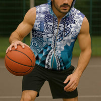 Aloha Vintage Plumeria Hawaiian Tapa Pattern Sleeveless Zip Hoodie Blue Hawaiian Tapa Pattern - Polynesian Pride