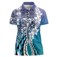 Aloha Vintage Plumeria Hawaiian Tapa Pattern Women Polo Shirt Blue Hawaiian Tapa Pattern - Polynesian Pride