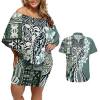 Aloha Vintage Plumeria Hawaiian Tapa Pattern Couples Matching Off Shoulder Short Dress and Hawaiian Shirt Dark Turquoise Hawaiian Tapa Pattern - Polynesian Pride
