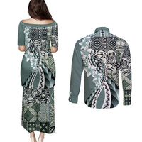 Aloha Vintage Plumeria Hawaiian Tapa Pattern Couples Matching Puletasi and Long Sleeve Button Shirt Dark Turquoise Hawaiian Tapa Pattern LT9 - Polynesian Pride