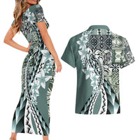 Aloha Vintage Plumeria Hawaiian Tapa Pattern Couples Matching Short Sleeve Bodycon Dress and Hawaiian Shirt Dark Turquoise Hawaiian Tapa Pattern - Polynesian Pride