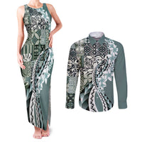 Aloha Vintage Plumeria Hawaiian Tapa Pattern Couples Matching Tank Maxi Dress and Long Sleeve Button Shirt Dark Turquoise Hawaiian Tapa Pattern - Polynesian Pride