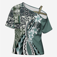 Aloha Vintage Plumeria Hawaiian Tapa Pattern Cross Shoulder Shirt Dark Turquoise Hawaiian Tapa Pattern LT9 Female Turquoise - Polynesian Pride