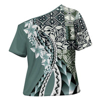 Aloha Vintage Plumeria Hawaiian Tapa Pattern Cross Shoulder Shirt Dark Turquoise Hawaiian Tapa Pattern LT9 - Polynesian Pride