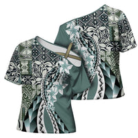 Aloha Vintage Plumeria Hawaiian Tapa Pattern Cross Shoulder Shirt Dark Turquoise Hawaiian Tapa Pattern LT9 - Polynesian Pride