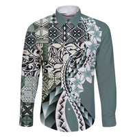 Aloha Vintage Plumeria Hawaiian Tapa Pattern Family Matching Long Sleeve Bodycon Dress and Hawaiian Shirt Dark Turquoise Hawaiian Tapa Pattern - Polynesian Pride