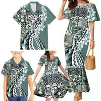 Aloha Vintage Plumeria Hawaiian Tapa Pattern Family Matching Mermaid Dress and Hawaiian Shirt Dark Turquoise Hawaiian Tapa Pattern - Polynesian Pride