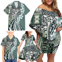 Aloha Vintage Plumeria Hawaiian Tapa Pattern Family Matching Off Shoulder Short Dress and Hawaiian Shirt Dark Turquoise Hawaiian Tapa Pattern - Polynesian Pride