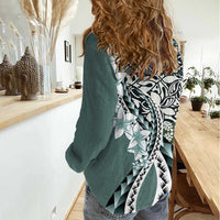 Aloha Vintage Plumeria Hawaiian Tapa Pattern Women Casual Shirt Dark Turquoise Hawaiian Tapa Pattern - Polynesian Pride