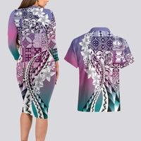 Aloha Vintage Plumeria Hawaiian Tapa Pattern Couples Matching Long Sleeve Bodycon Dress and Hawaiian Shirt Gradient Hawaiian Tapa Pattern - Polynesian Pride