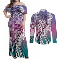 Aloha Vintage Plumeria Hawaiian Tapa Pattern Couples Matching Off Shoulder Maxi Dress and Long Sleeve Button Shirt Gradient Hawaiian Tapa Pattern - Polynesian Pride