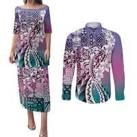 Aloha Vintage Plumeria Hawaiian Tapa Pattern Couples Matching Puletasi and Long Sleeve Button Shirt Gradient Hawaiian Tapa Pattern LT9 Gradient - Polynesian Pride