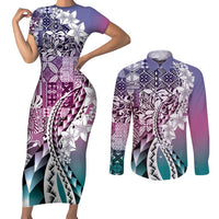 Aloha Vintage Plumeria Hawaiian Tapa Pattern Couples Matching Short Sleeve Bodycon Dress and Long Sleeve Button Shirt Gradient Hawaiian Tapa Pattern - Polynesian Pride