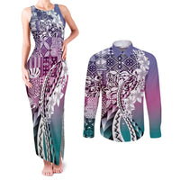 Aloha Vintage Plumeria Hawaiian Tapa Pattern Couples Matching Tank Maxi Dress and Long Sleeve Button Shirt Gradient Hawaiian Tapa Pattern - Polynesian Pride